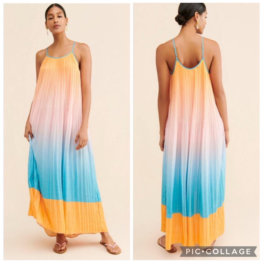 Current Air Ombre Maxi Dress Small Pleated Relaxed Fit Tropical Bohemian Beachy